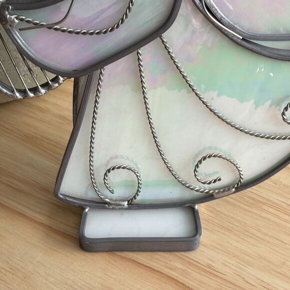 Vtg Stained Glass Angel Harp Halo Iridescent on Base Hand Crafted Jean Richards - Picture 5 of 12